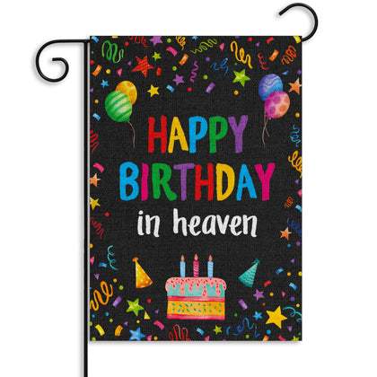 WATINC Happy Birthday in Heaven garden flag with black ribbons for memorial display.