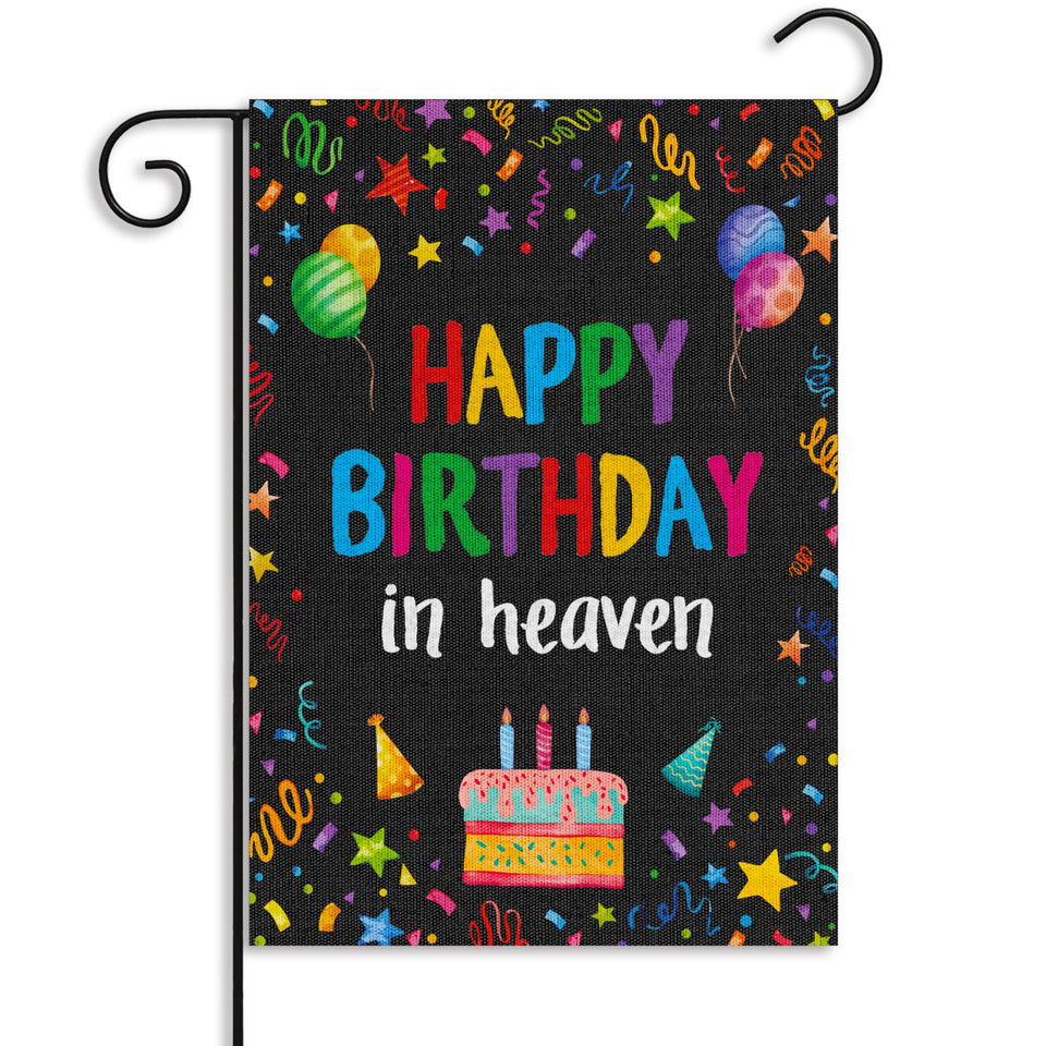 WATINC Happy Birthday in Heaven garden flag with black ribbons for memorial display.
