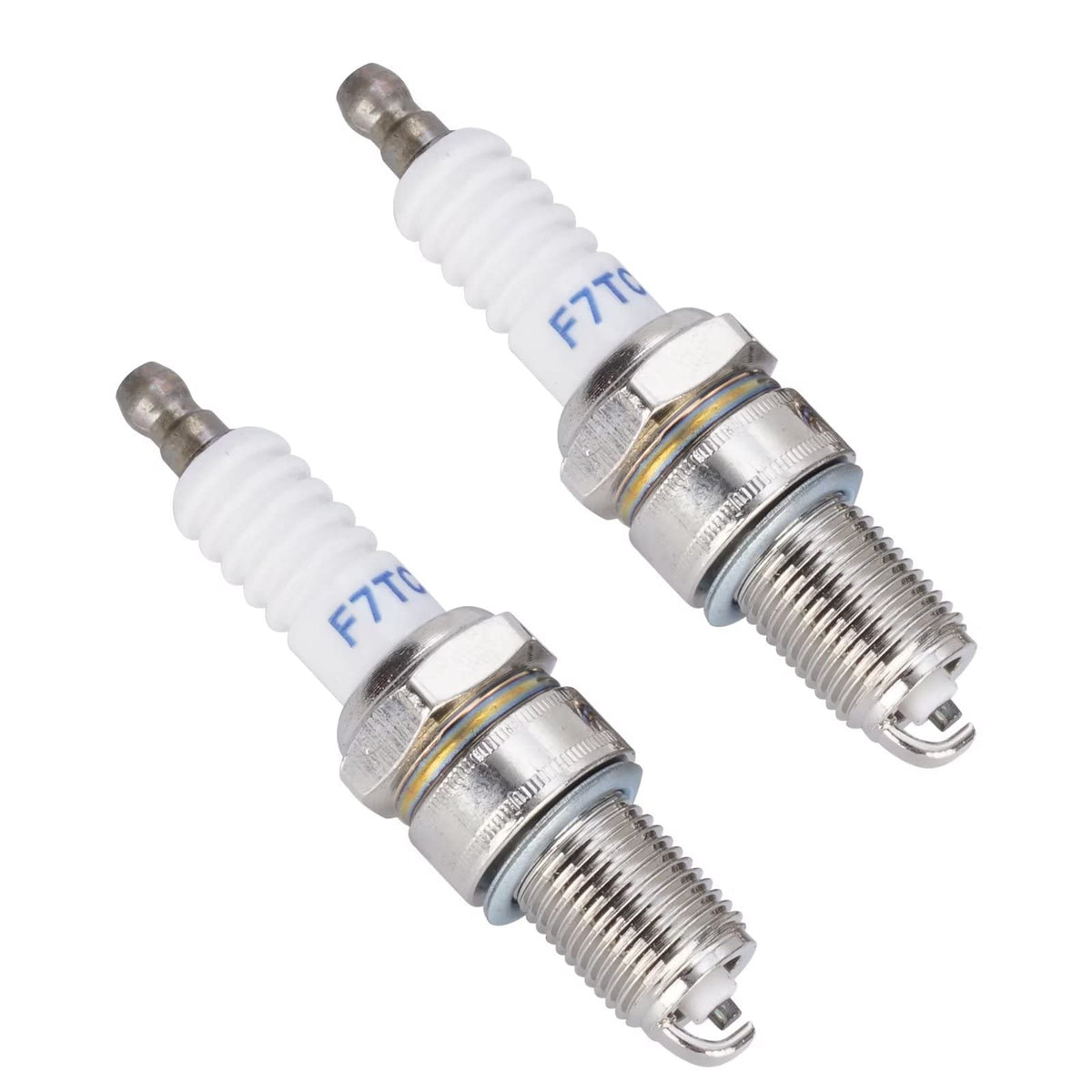 WATODAY F7TC spark plug closeup, robust ignition design for 4-stroke engines.