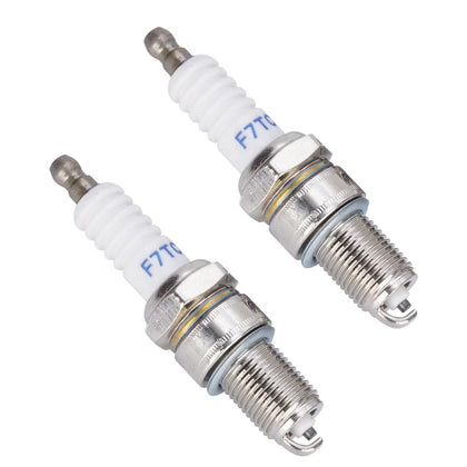 WATODAY F7TC spark plug closeup, robust ignition design for 4-stroke engines.