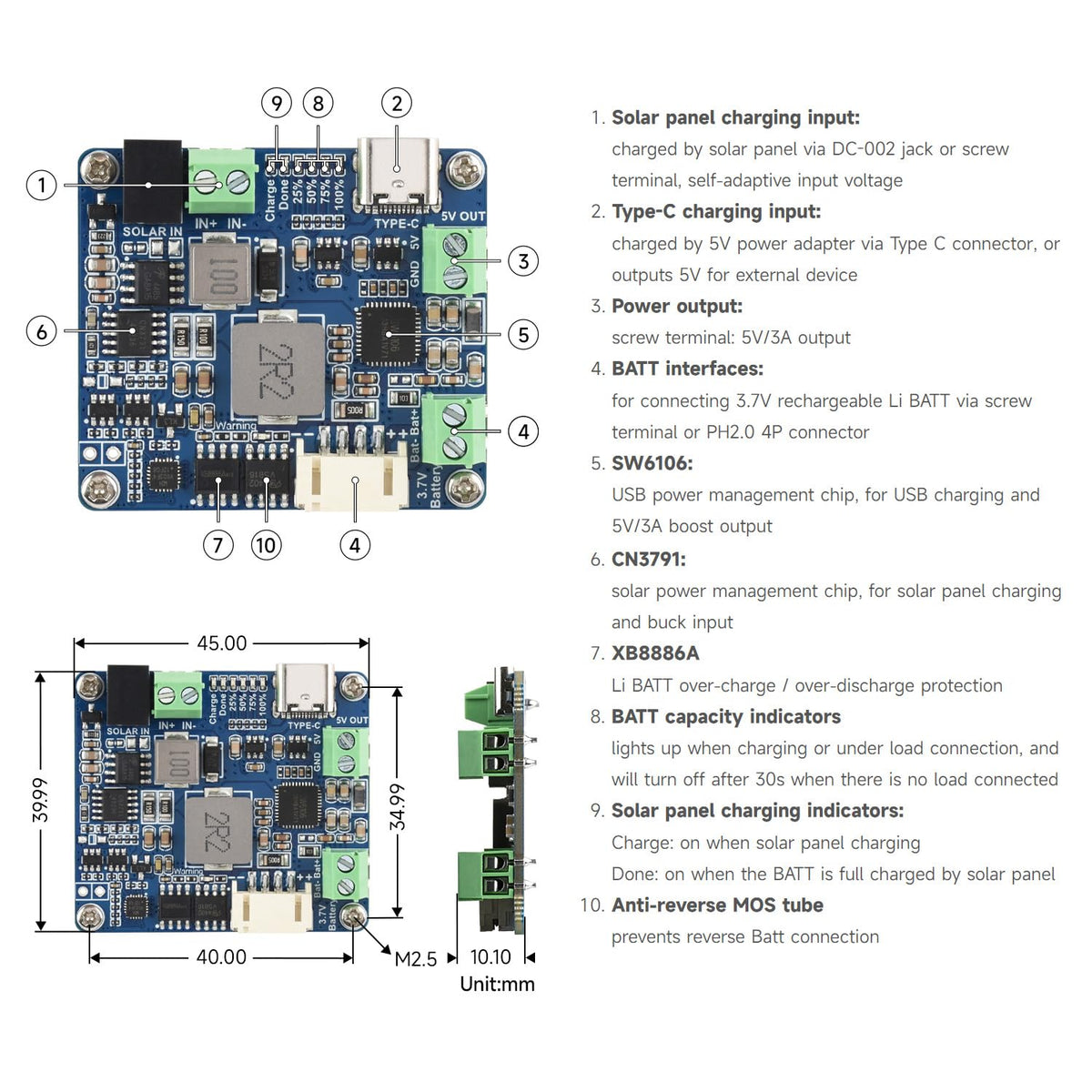 Waveshare Solar Power Manager Module D DC-002 and screw terminals for flexible input