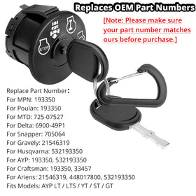 Wawews ignition switch compatible with Craftsman and Husqvarna riding mowers.