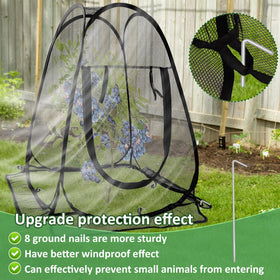Waybas crop cage demonstrates twist-and-place setup using 8 ground stakes.