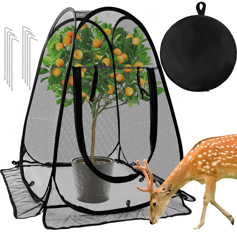 Waybas pop up mesh plant protector covering a garden bed to deter wildlife.