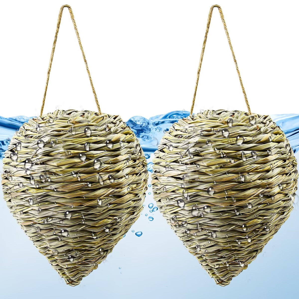 Waybas woven reed wasp nest hanging under eaves for outdoor display