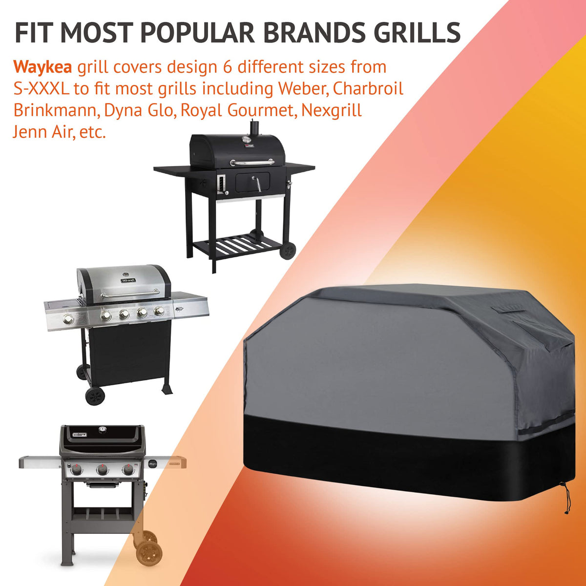 Waykea grill cover with side straps and bottom drawstring for secure placement.