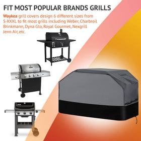 Waykea grill cover with side straps and bottom drawstring for secure placement.