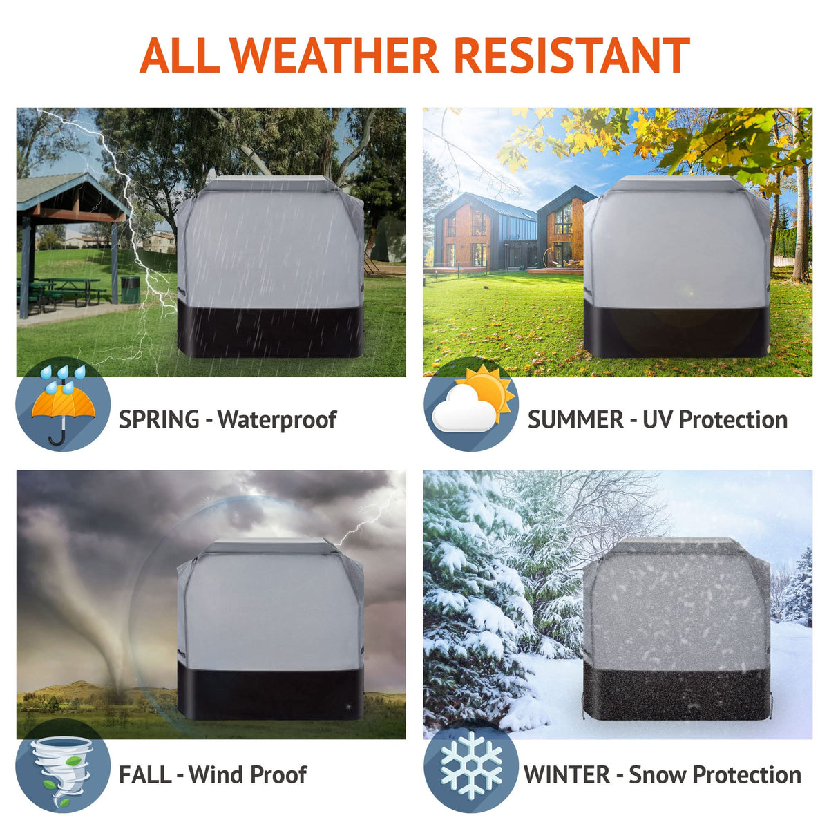 Waykea grill cover side view shows secure fit to resist wind.