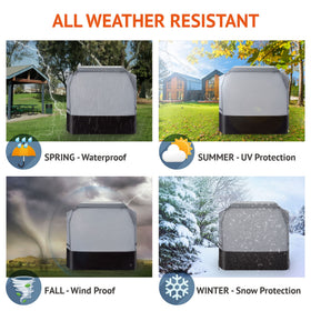 Waykea grill cover side view shows secure fit to resist wind.