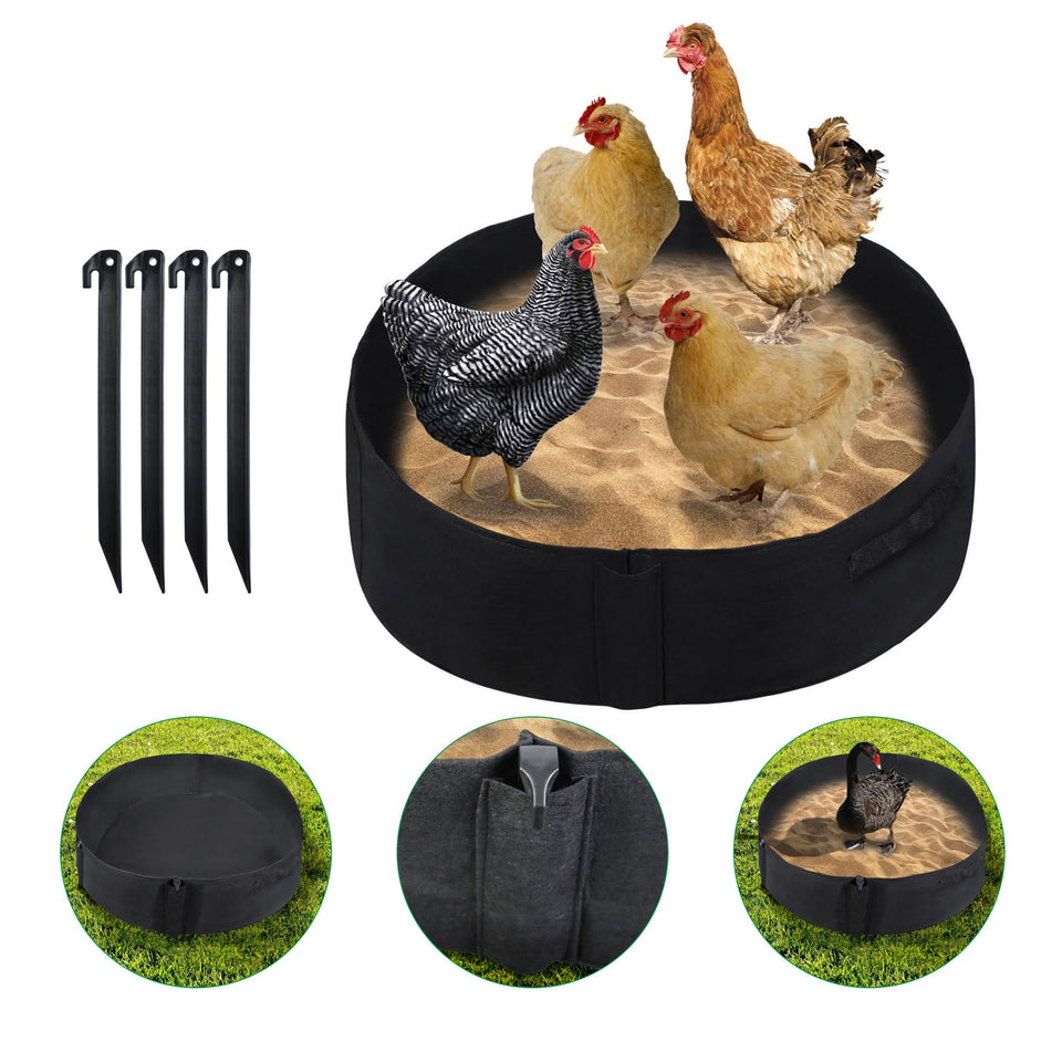 WBCBEC chicken dust bath tub in black, 30-inch diameter, for comfortable flock sand baths.