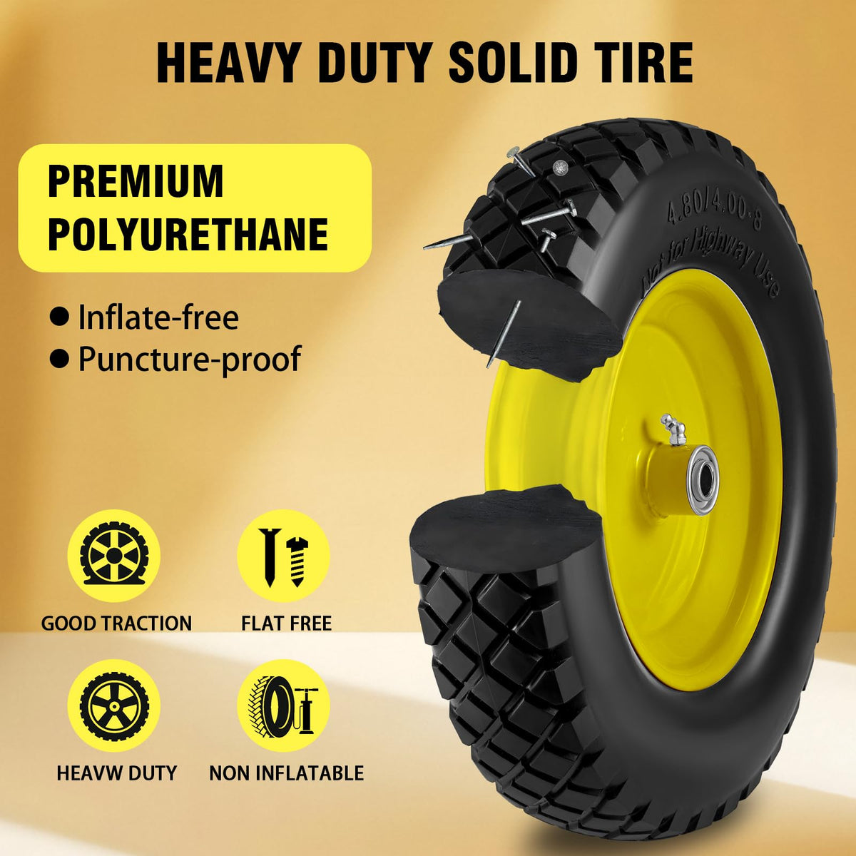 Wbuosz polyurethane tire close-up displaying durable core on steel rim