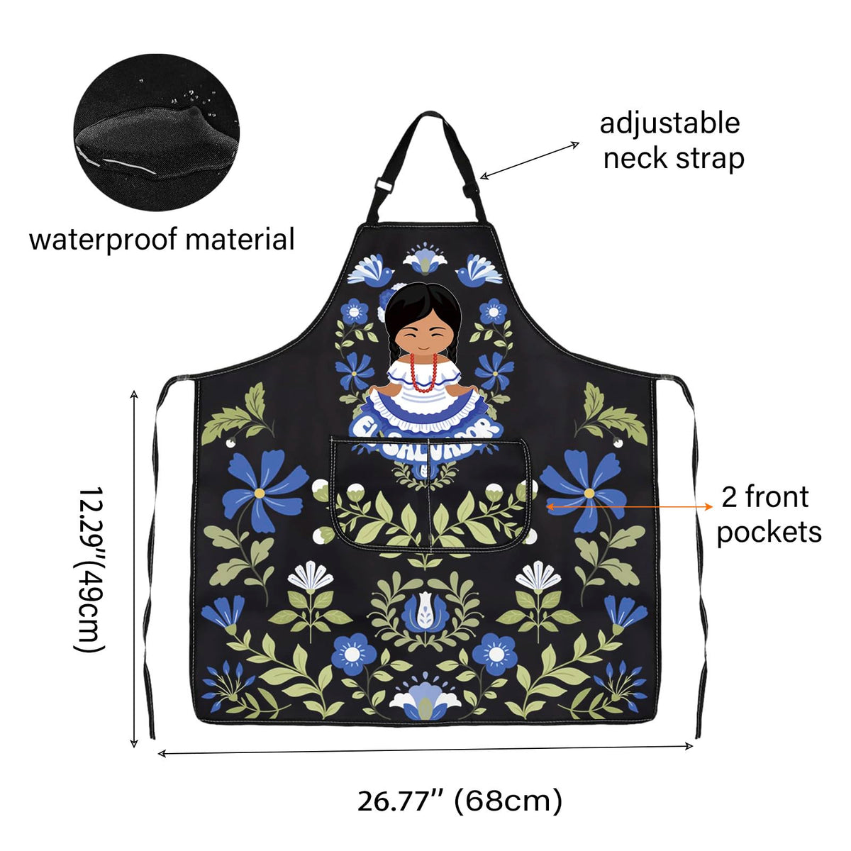 Close view of detailed Salvadoran flower pattern on the WCGXKO apron