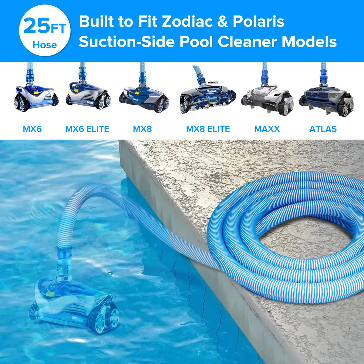 WCXSSLBH 25ft pool hose provides extended reach for thorough cleaning.