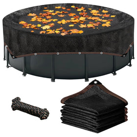 WDBG 18ft square leaf net cover shown over pool surface for debris control