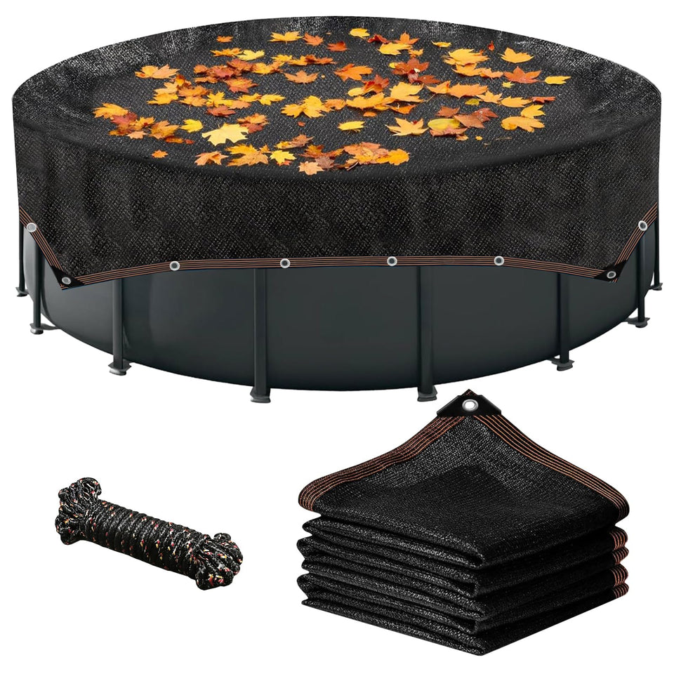 WDBG 18ft square leaf net cover shown over pool surface for debris control