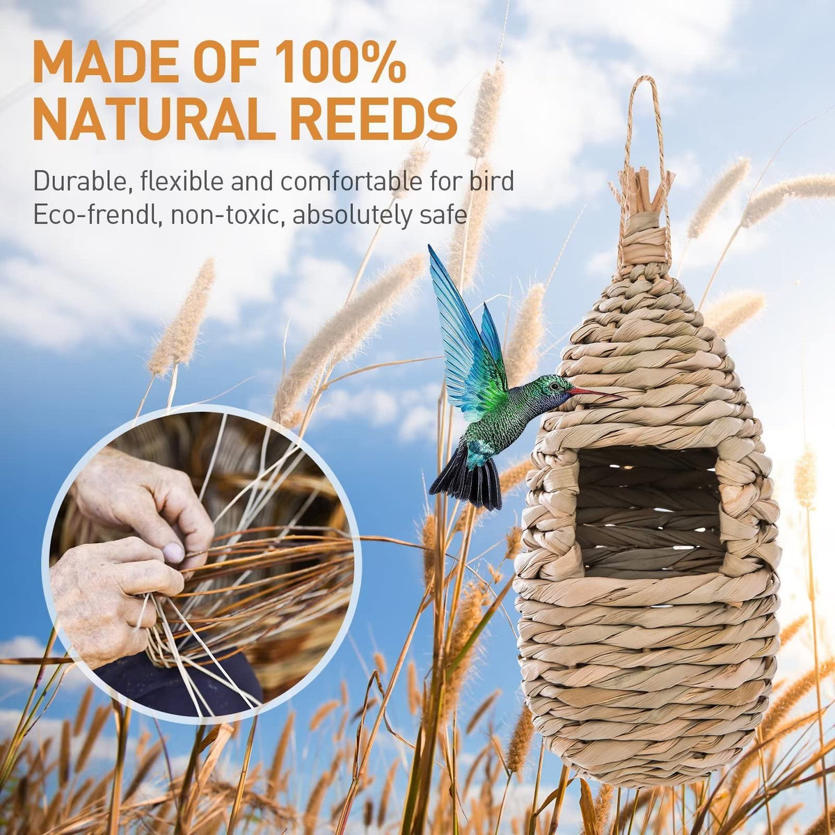 Hand woven hummingbird nest with rustic, durable outdoor appeal.