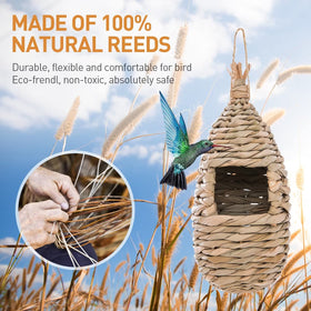 Hand woven hummingbird nest with rustic, durable outdoor appeal.