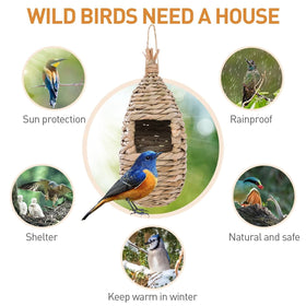 Natural grass bird hut enhances yard biodiversity and shelter.