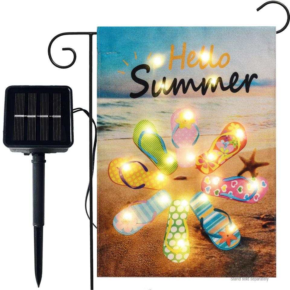 WDGG Hello Summer flip-flop flag with lights enhances nighttime yard curb appeal