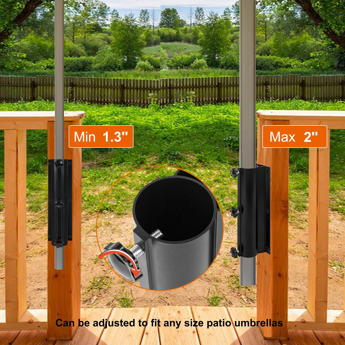 Wdwlbsm adjustable knob umbrella mount shows easy post diameter adjustability for 1.3 to 2 inches