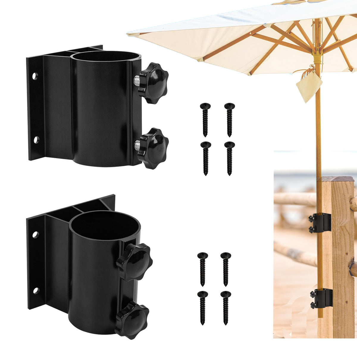 Wdwlbsm 2pc patio umbrella holder set clamped to a railing.