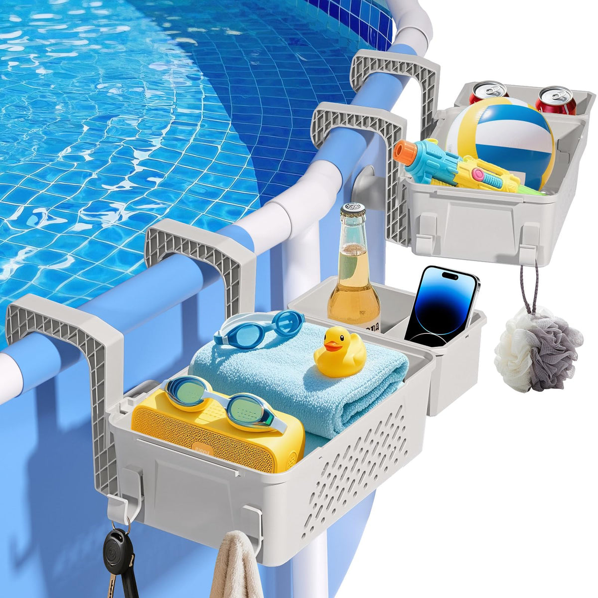 WDZREE poolside storage basket with cup holder—side view highlights easy access at the water