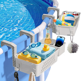 WDZREE poolside storage basket with cup holder—side view highlights easy access at the water