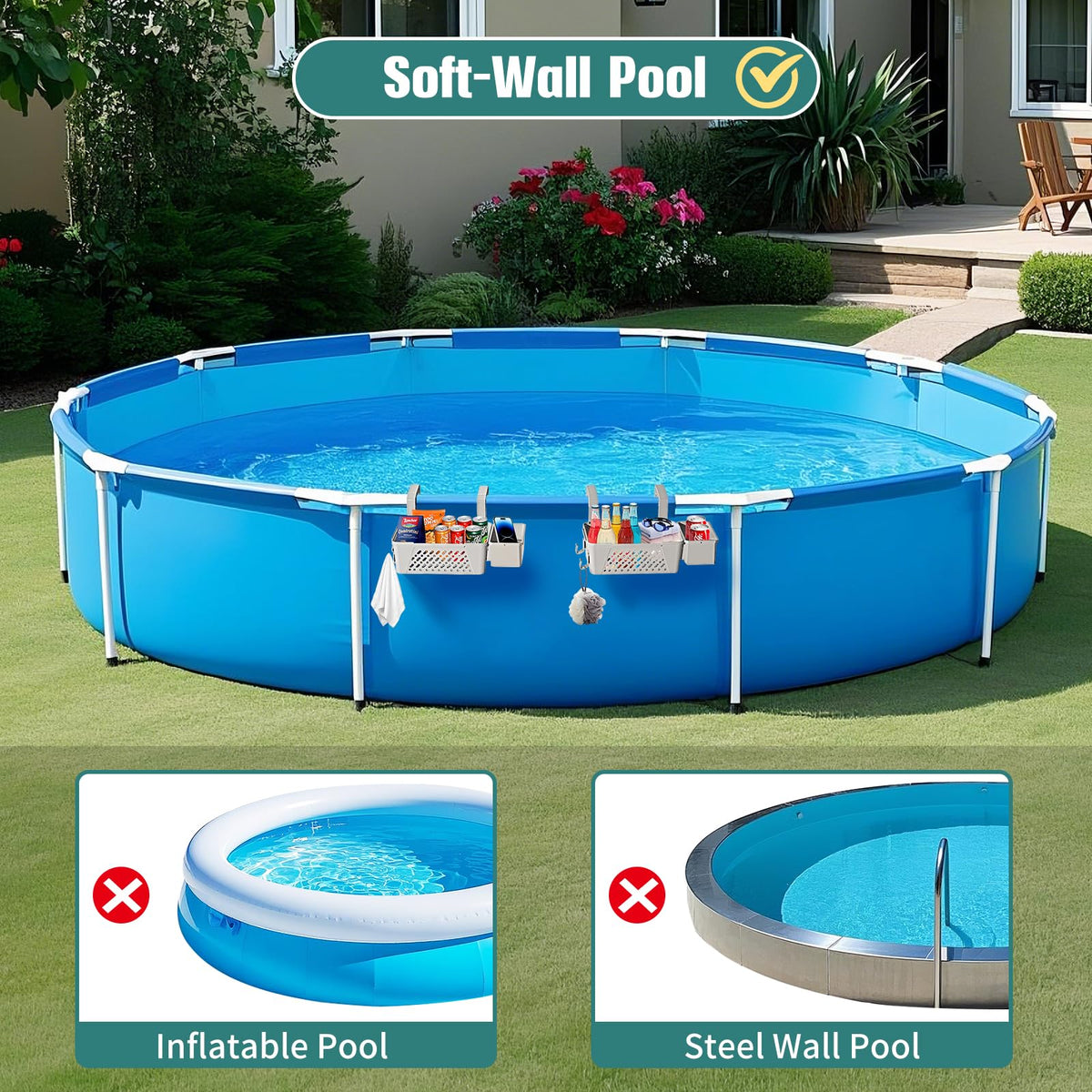 WDZREE poolside storage basket with drink holder and hooks for drinks within reach
