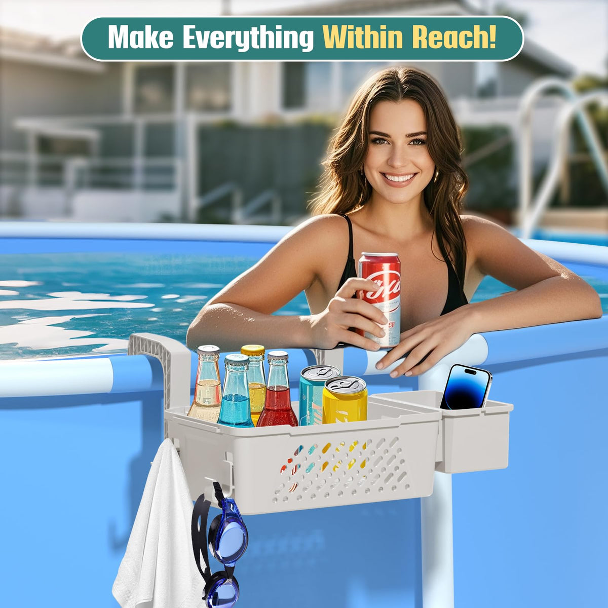 WDZREE poolside storage basket shows towel and snack storage for poolside convenience