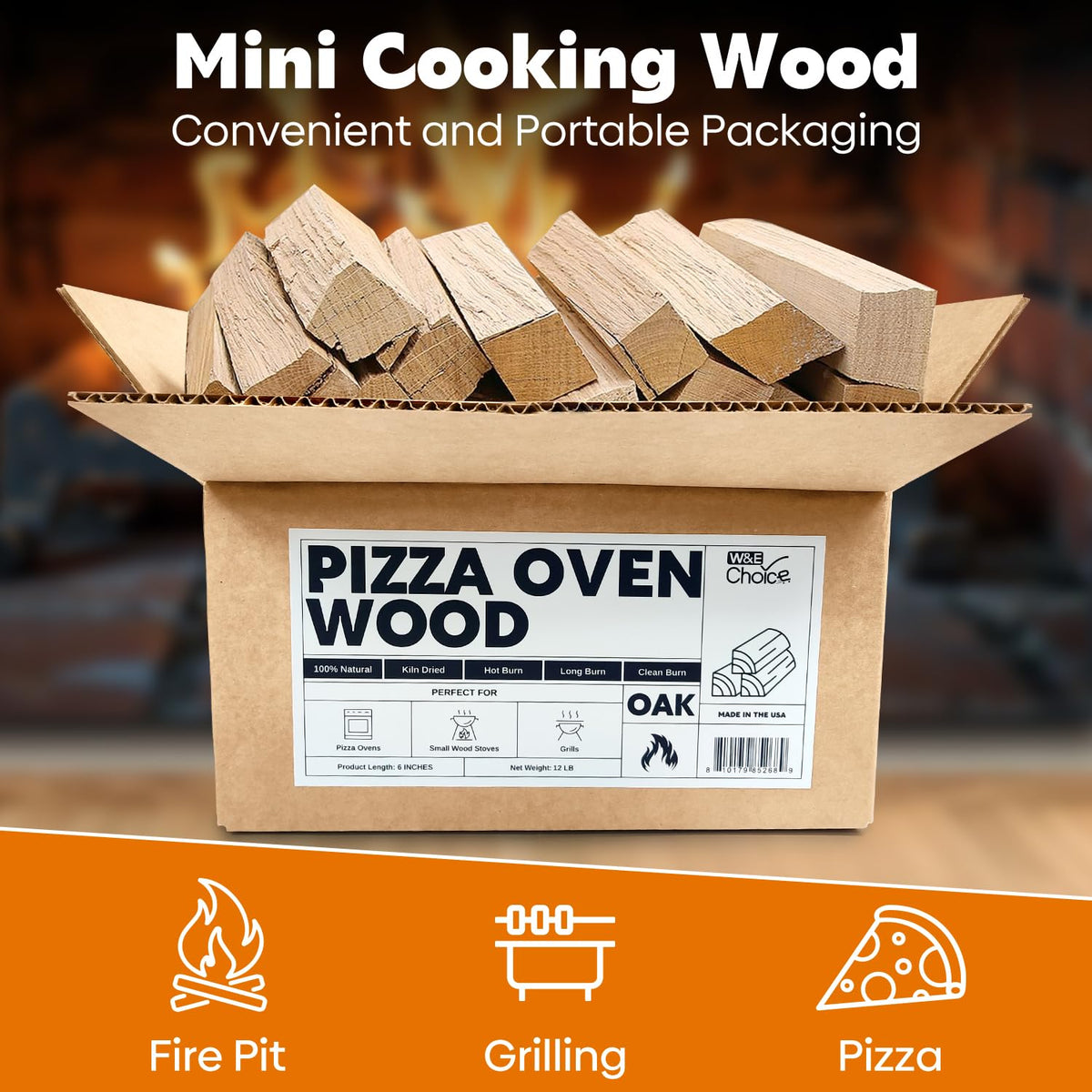 W&E Choice kiln-dried oak logs for steady, even crust cooking.