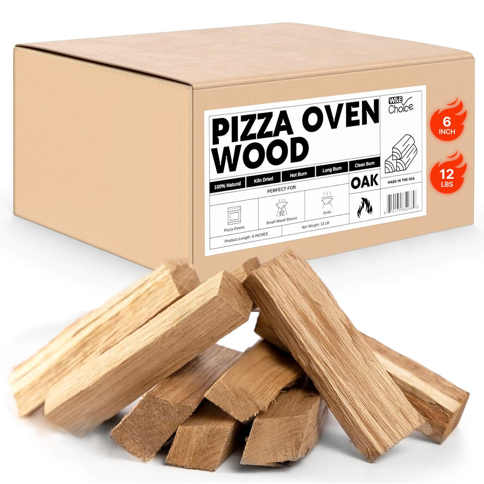 W&E Choice box front view shows compact 12 lb wood for pizza ovens.