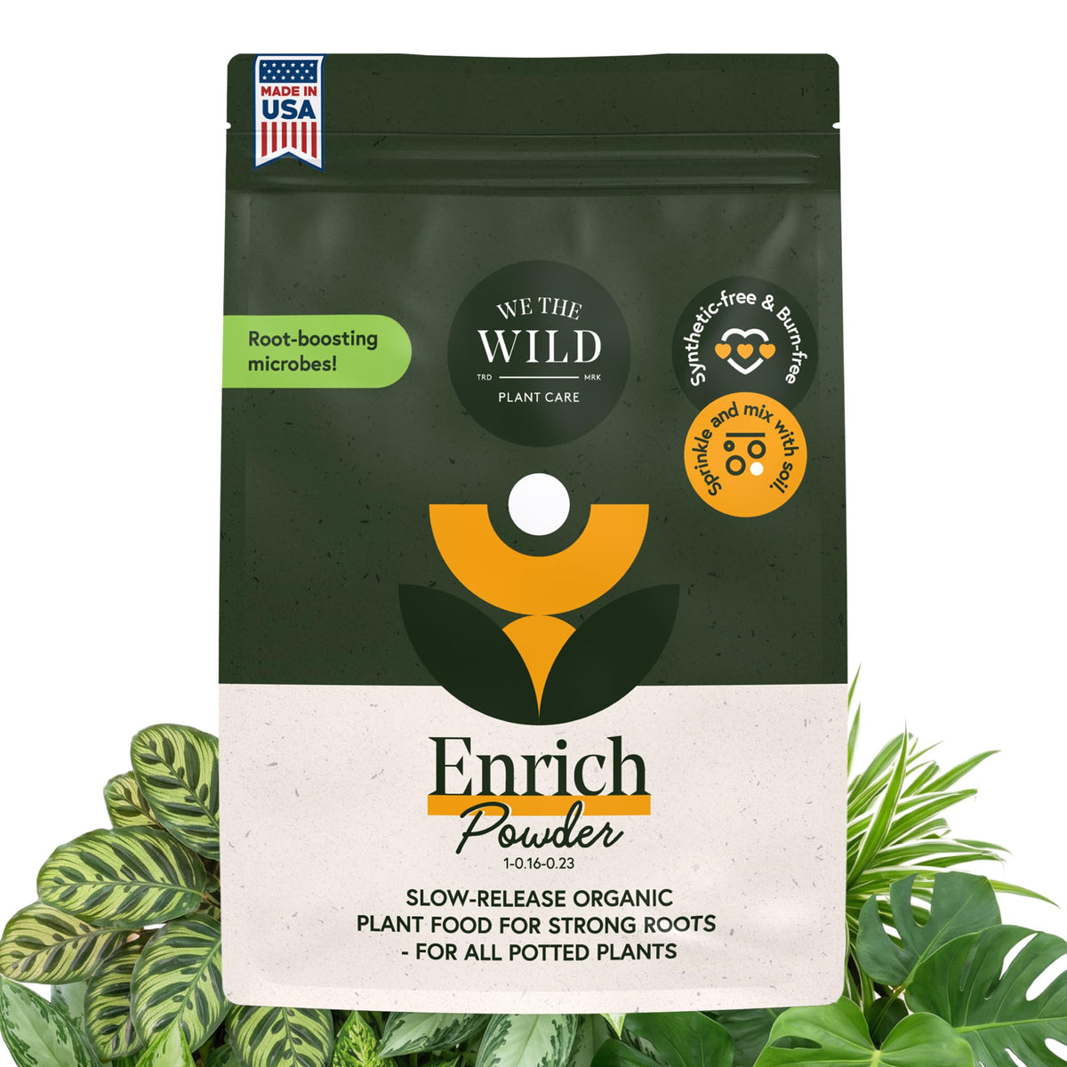 WE THE WILD Enrich Powder bottle on shelf indoor plant nourishment for blooms