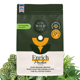 WE THE WILD Enrich Powder bottle on shelf indoor plant nourishment for blooms