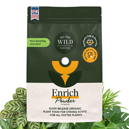WE THE WILD Enrich Powder bottle on shelf indoor plant nourishment for blooms