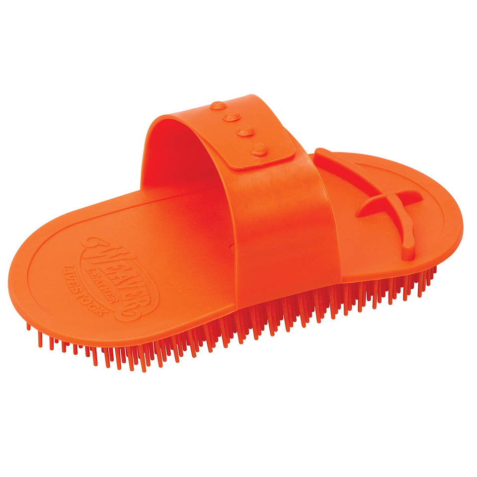 Weaver Leather Livestock Massage Brush orange front view for grooming thick coats.