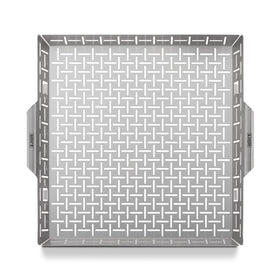 Weber Crafted Roasting Basket with vegetables on grill for even caramelization.