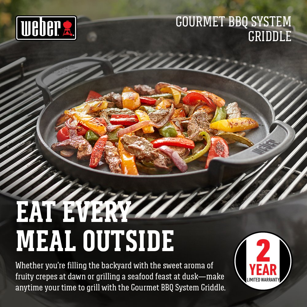 Weber Gourmet BBQ Griddle porcelain-enameled finish prevents sticking and browns evenly.