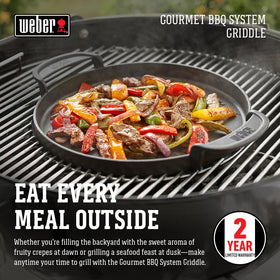 Weber Gourmet BBQ Griddle porcelain-enameled finish prevents sticking and browns evenly.