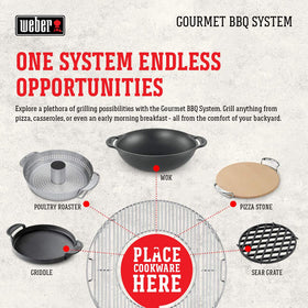 Weber Gourmet BBQ Griddle compatible with Gourmet BBQ System Hinged Grate for flexible cooking.