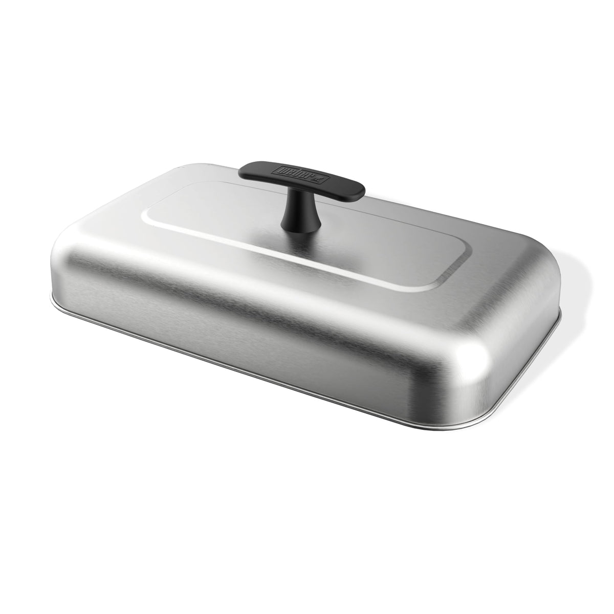 Weber Griddle Extra-Large Basting Dome on stainless steel, melting cheese over burgers for even heat.