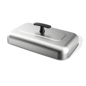 Weber Griddle Extra-Large Basting Dome on stainless steel, melting cheese over burgers for even heat.