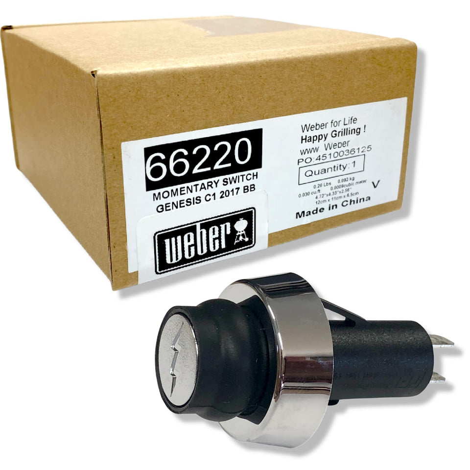 Weber igniter switch close-up reveals ignition mechanism for reliable ignition on Genesis II and Spirit II grills