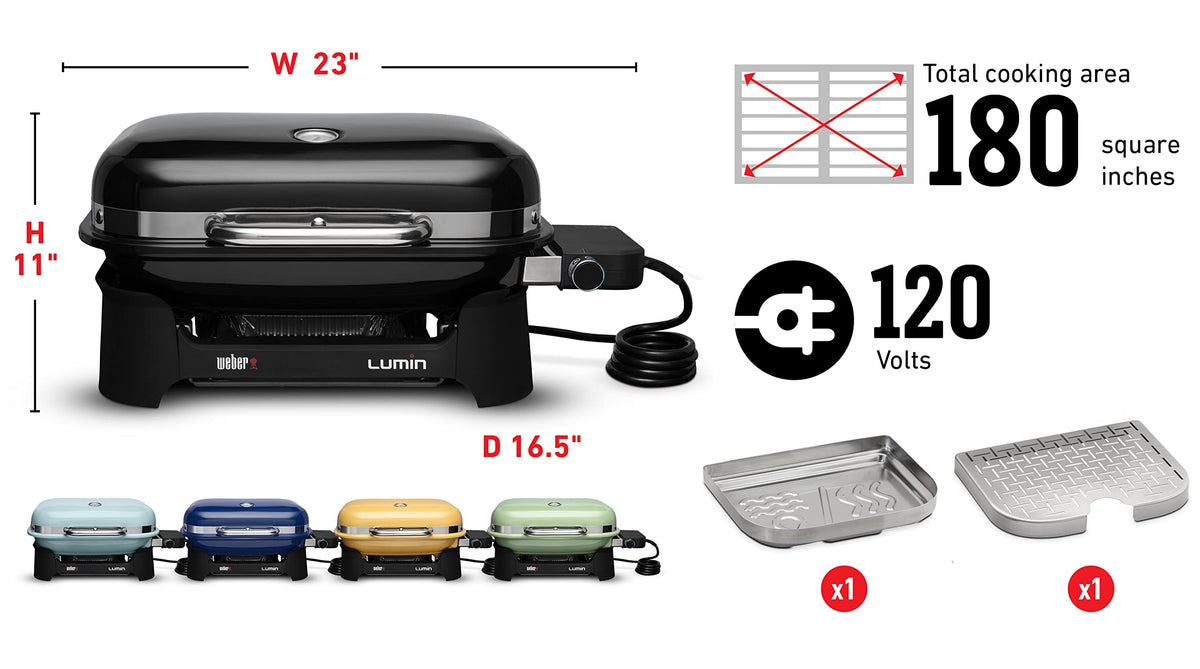 Weber Lumin Compact grill lid open shows quick access to searing and warming.