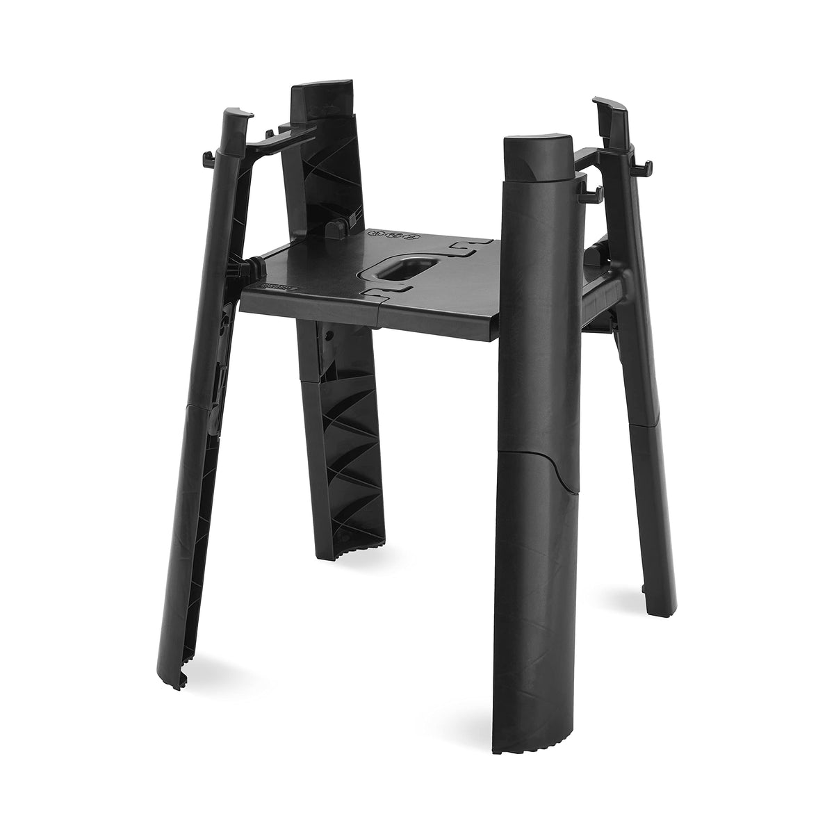 The stand features built-in hooks for easy access to grilling tools.
