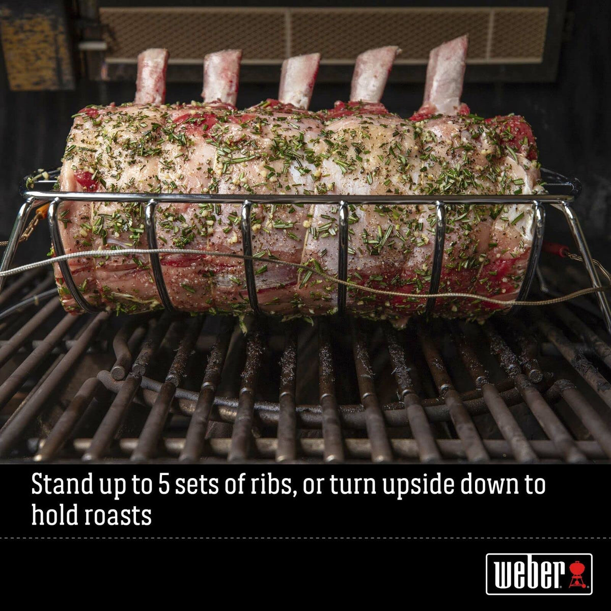 Weber Original Rib & Roast Holder in plated steel ensures sturdy, durable cooking.