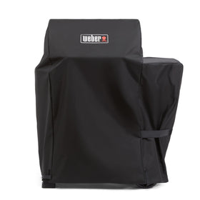 Weber Searwood 600 pellet grill cover on grill provides weather protection and durability.
