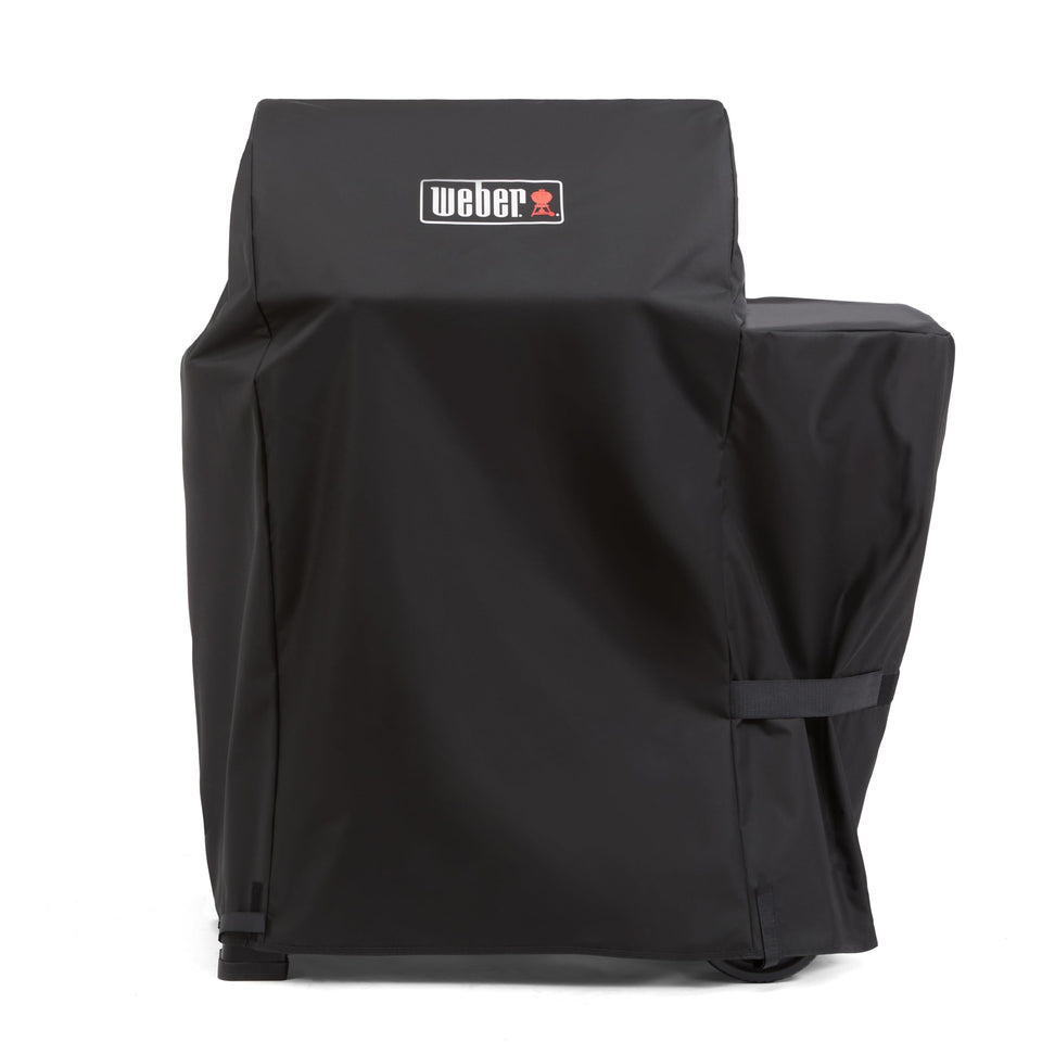Weber Searwood 600 pellet grill cover on grill provides weather protection and durability.