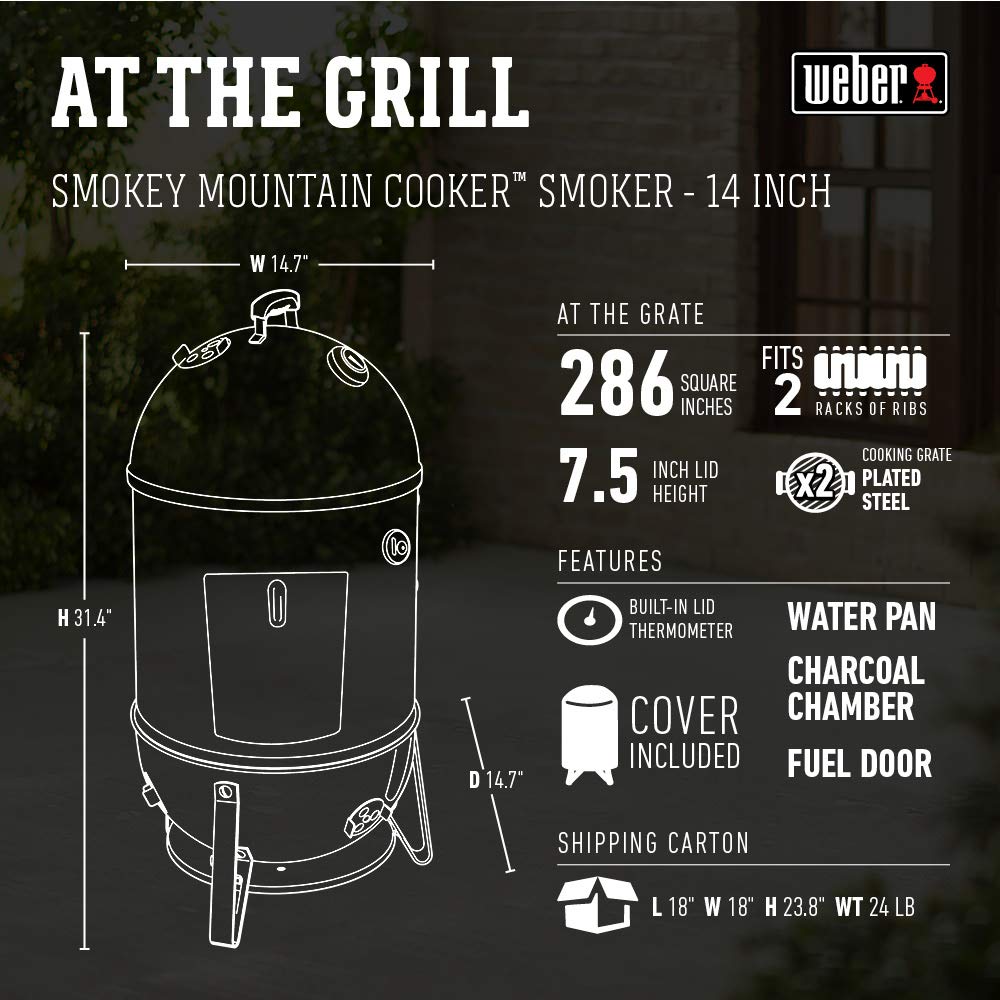 Weber Smokey Mountain 14-inch center section supports consistent heat.