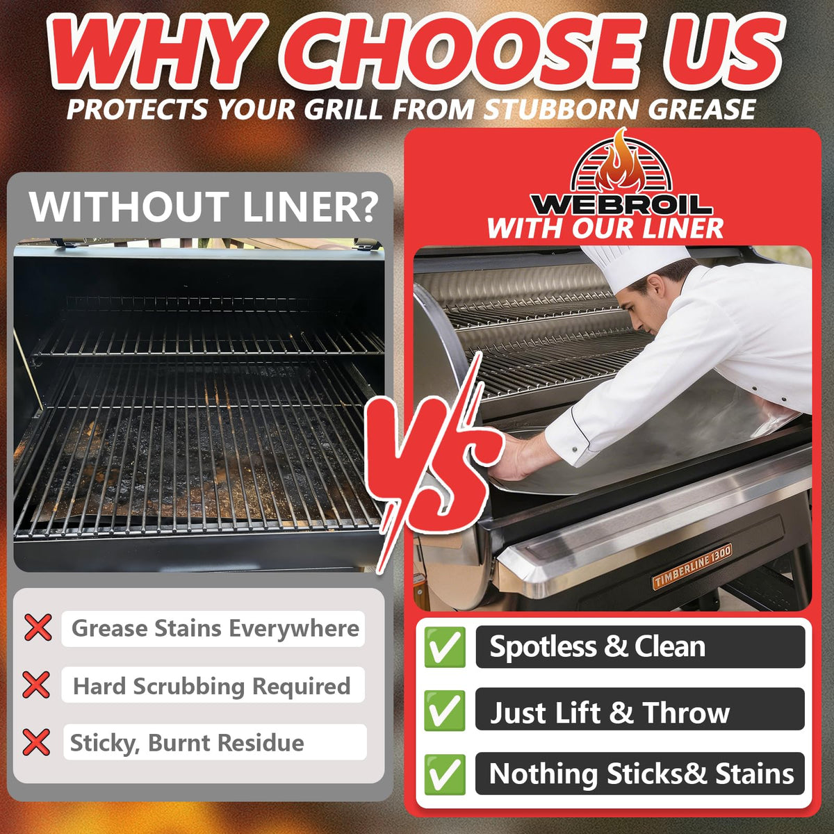 WEBROIL Timberline 1300 compatibility shown on Traeger grill.