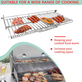 WEBROIL warming rack adds easy-clean stainless surface for quick post-meal cleanup.